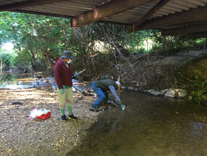 Two volunteers with a water-testing kit and clipboard taking water samples at the edge of a creek that flows to the Anacostia River.